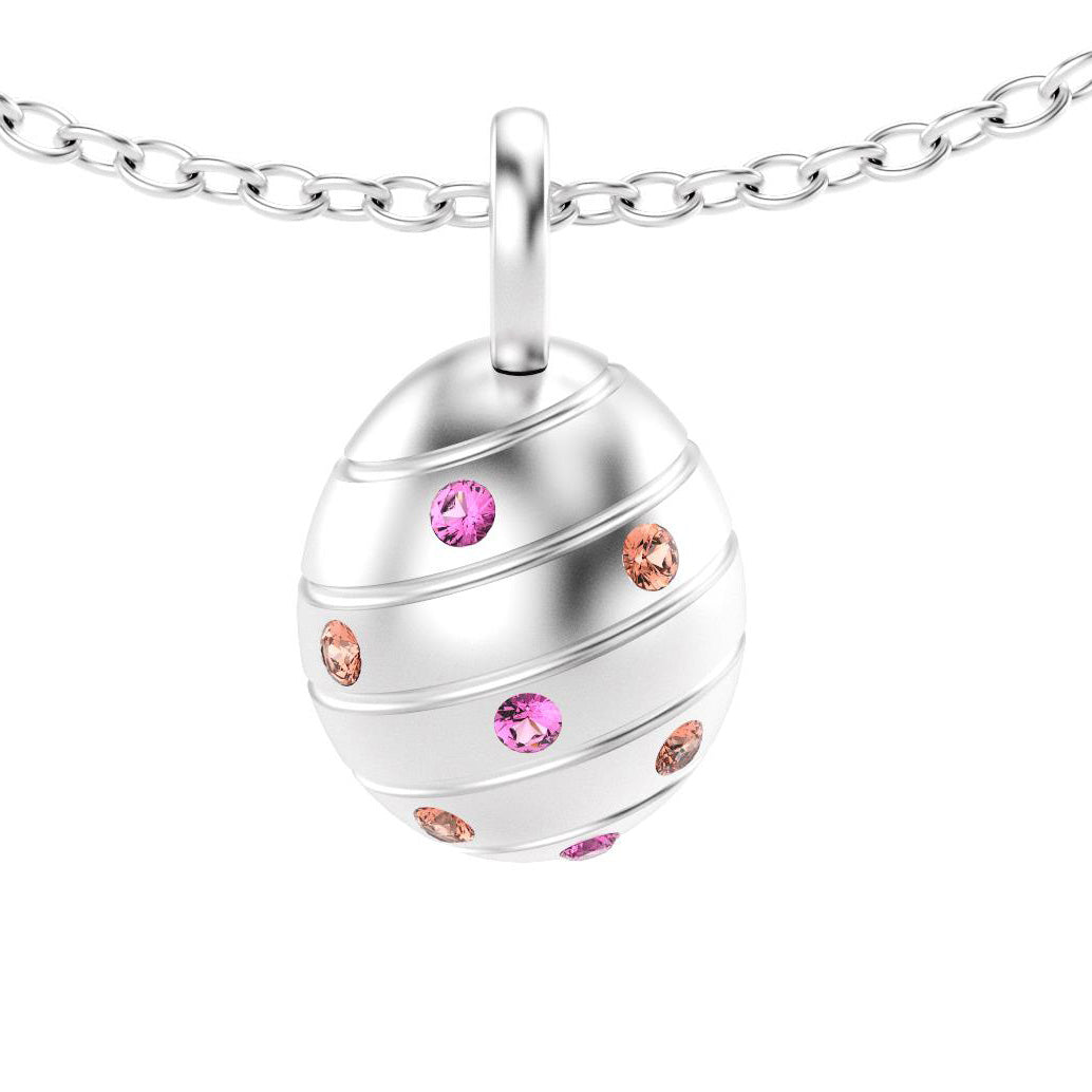 pendentif oeuf pour femme en or blanc avec saphirs peches et saphirs roses