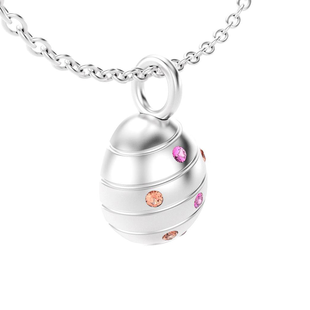 pendentif oeuf pour femme en or blanc avec saphirs peches et saphirs roses