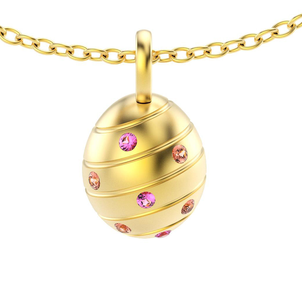 pendentif oeuf pour femme en or jaune avec saphirs peches et saphirs roses