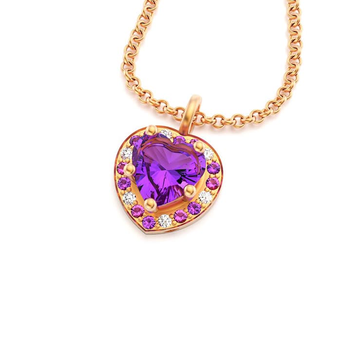 Collier Amour or rose avec améthyste et saphirs roses violets