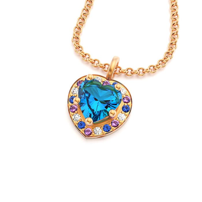 Collier Amour or rose avec topaze bleu et saphirs violets et roses