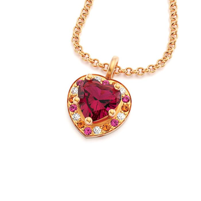 Collier Amour or rose avec rhodolite et saphirs roses et grenats mandarins