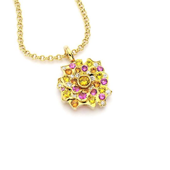 Collier Fiori en or jaune avec grenats spéssartites, diamants, saphirs roses et jaunes