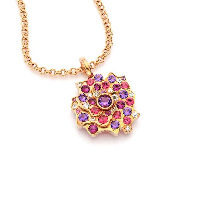 Collier Fiori en or rose avec spinelles roses, saphirs violets et roses et diamants