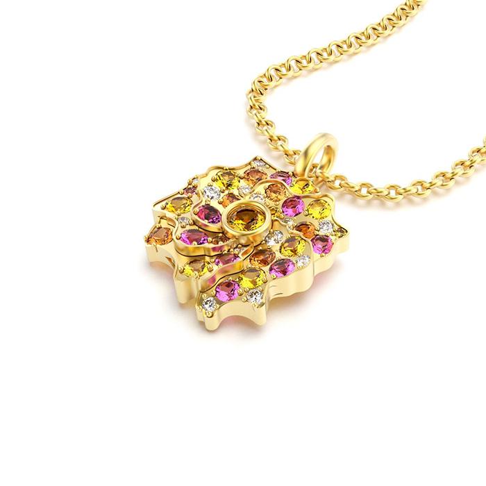 Collier Fiori en or jaune avec grenats spéssartites, diamants, saphirs roses et jaunes