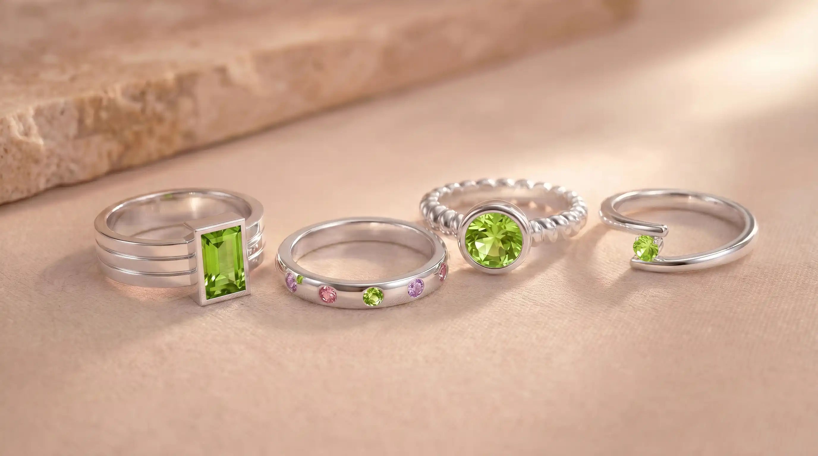 bagues argent 950 avec Péridot verte, pierre fine — atelier Bajoia, Sèvres