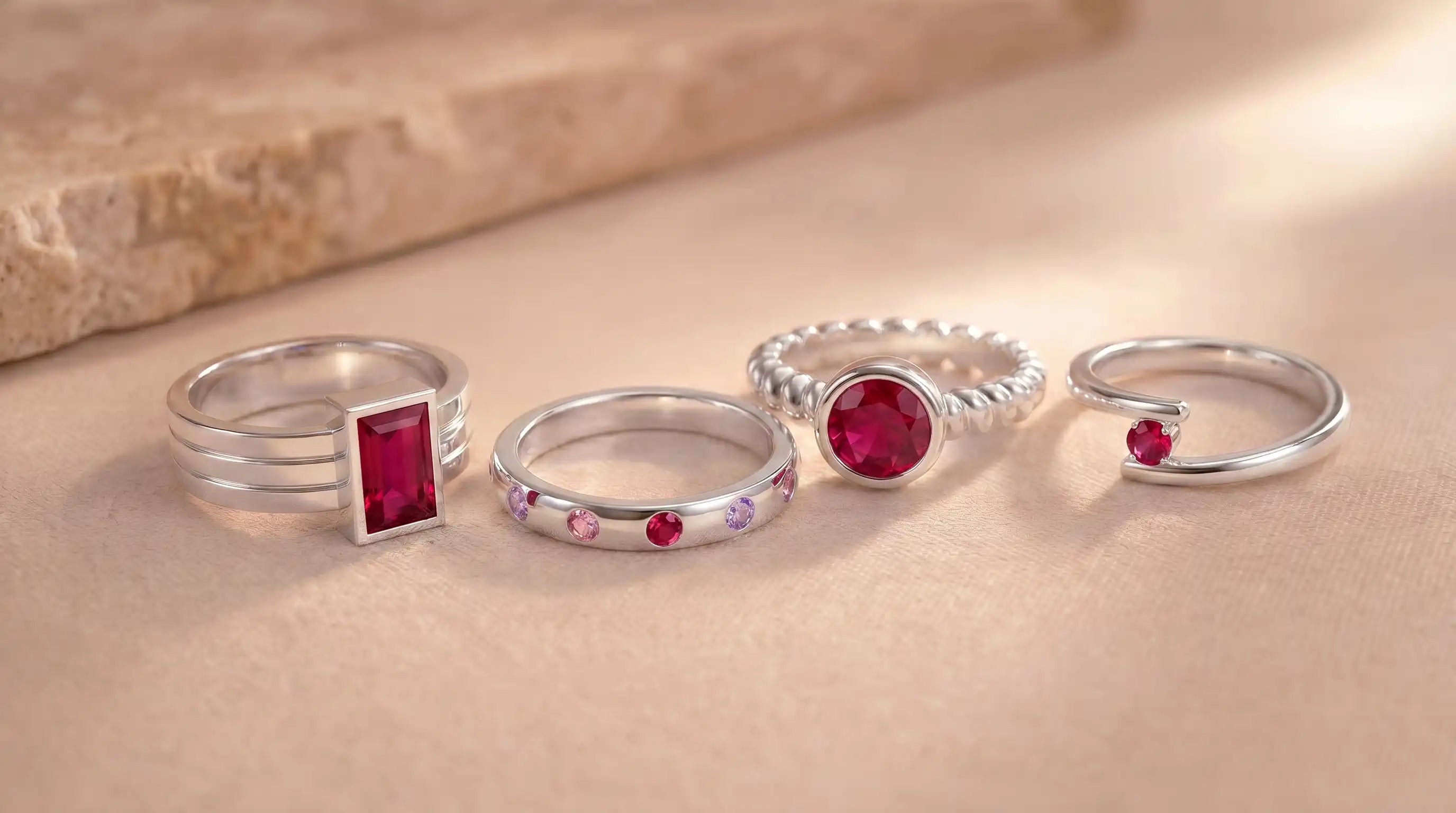 Bague Art déco sertie d'un rubis rouge sur fond bleu, joaillerie Bajoia à Sèvres