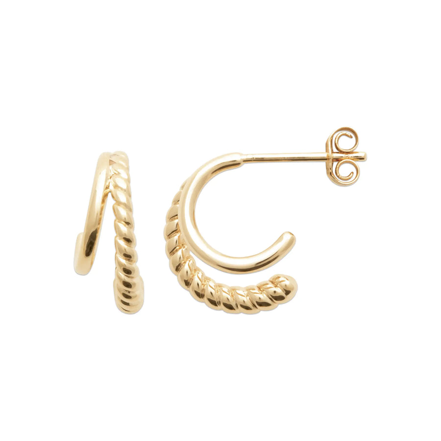Boucles d’oreilles créoles duo lisse et torsadé - Plaqué or 18 carats, vue de face