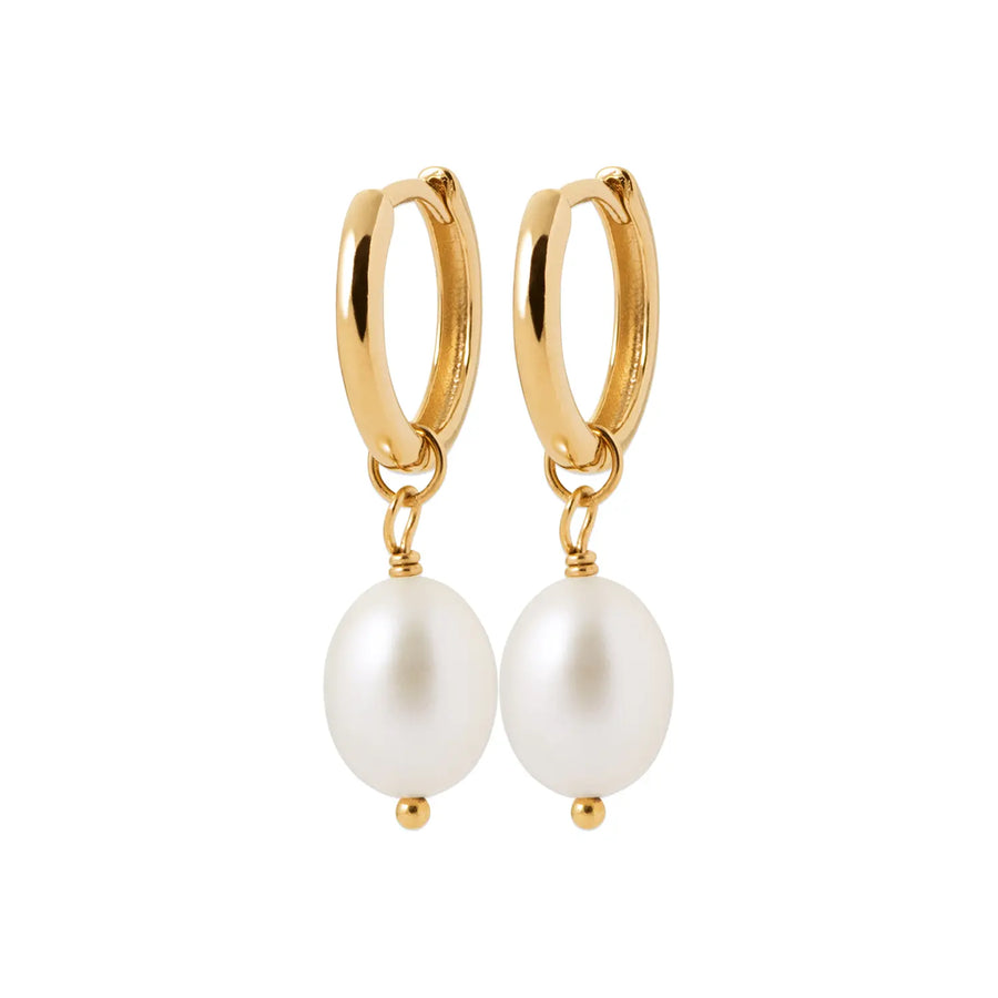 Boucles d’oreilles créoles plaqué or 18 carats avec pendentifs perles de culture blanches, vue de face