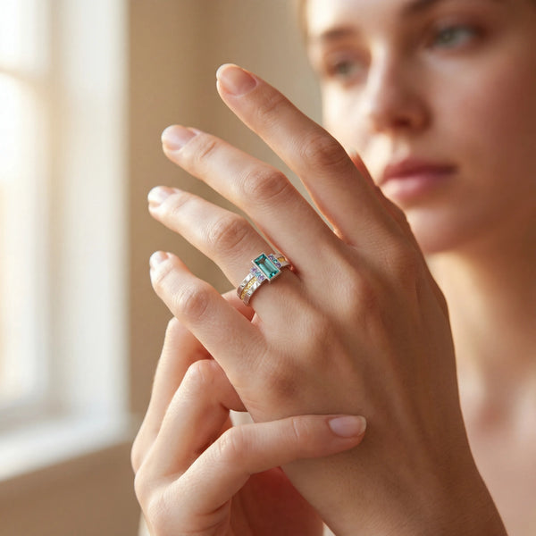 Bague Art Déco Duo – bague femme bicolore en or blanc et or jaune 18 carats, tourmaline bleue, autre vue