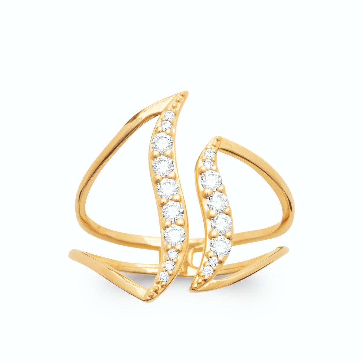 Bague ajourée deux flammes pavées de zircons plaqué or, vue de face