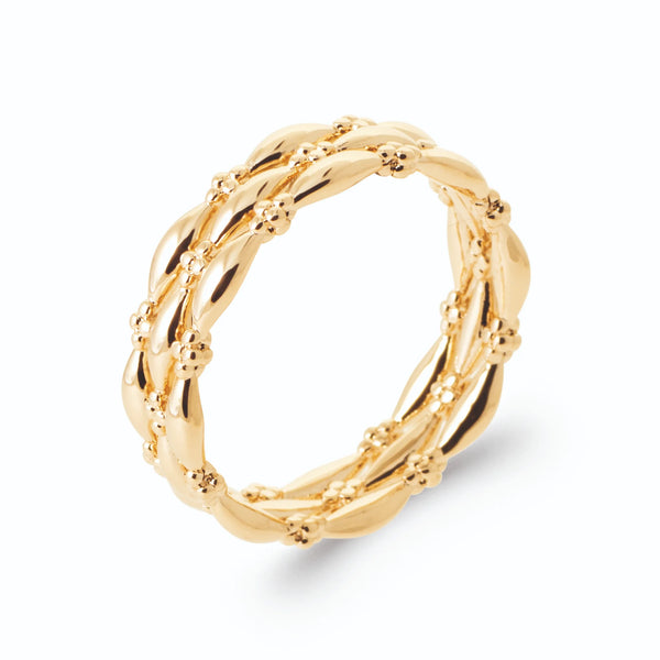 Bague ajourée trois fils perlés reliés en losanges en plaqué or, vue de trois quarts