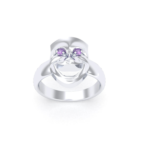 Bague Allégresse en argent 950, masque souriant du théâtre, autre vue