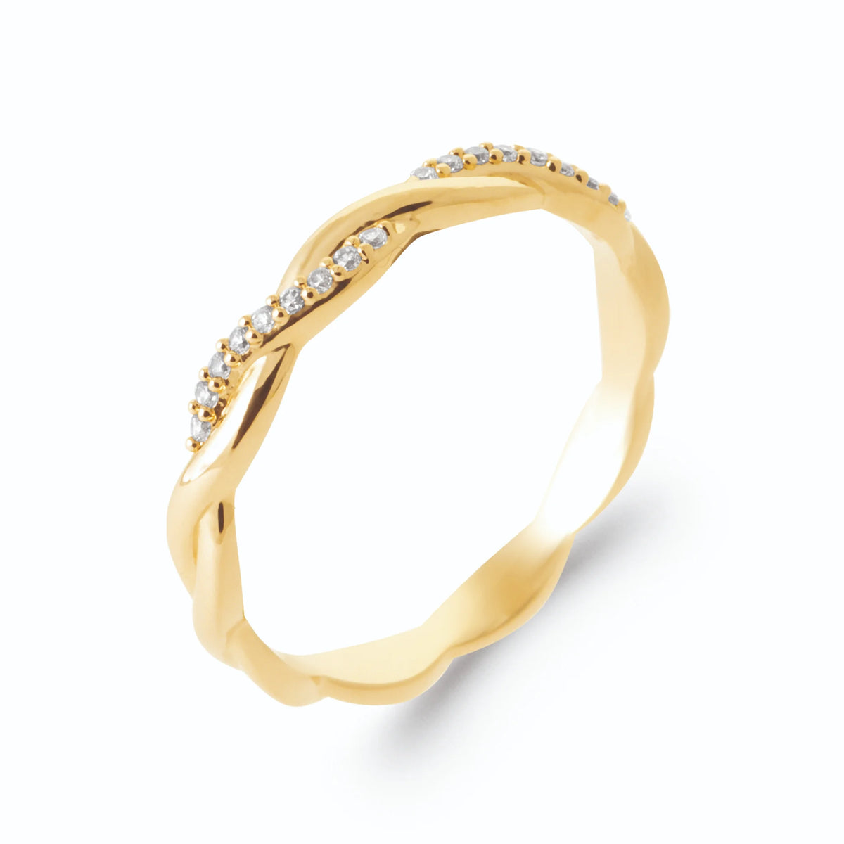 Bague alliance fine torsadée dont un brin serti de zircons en plaqué or