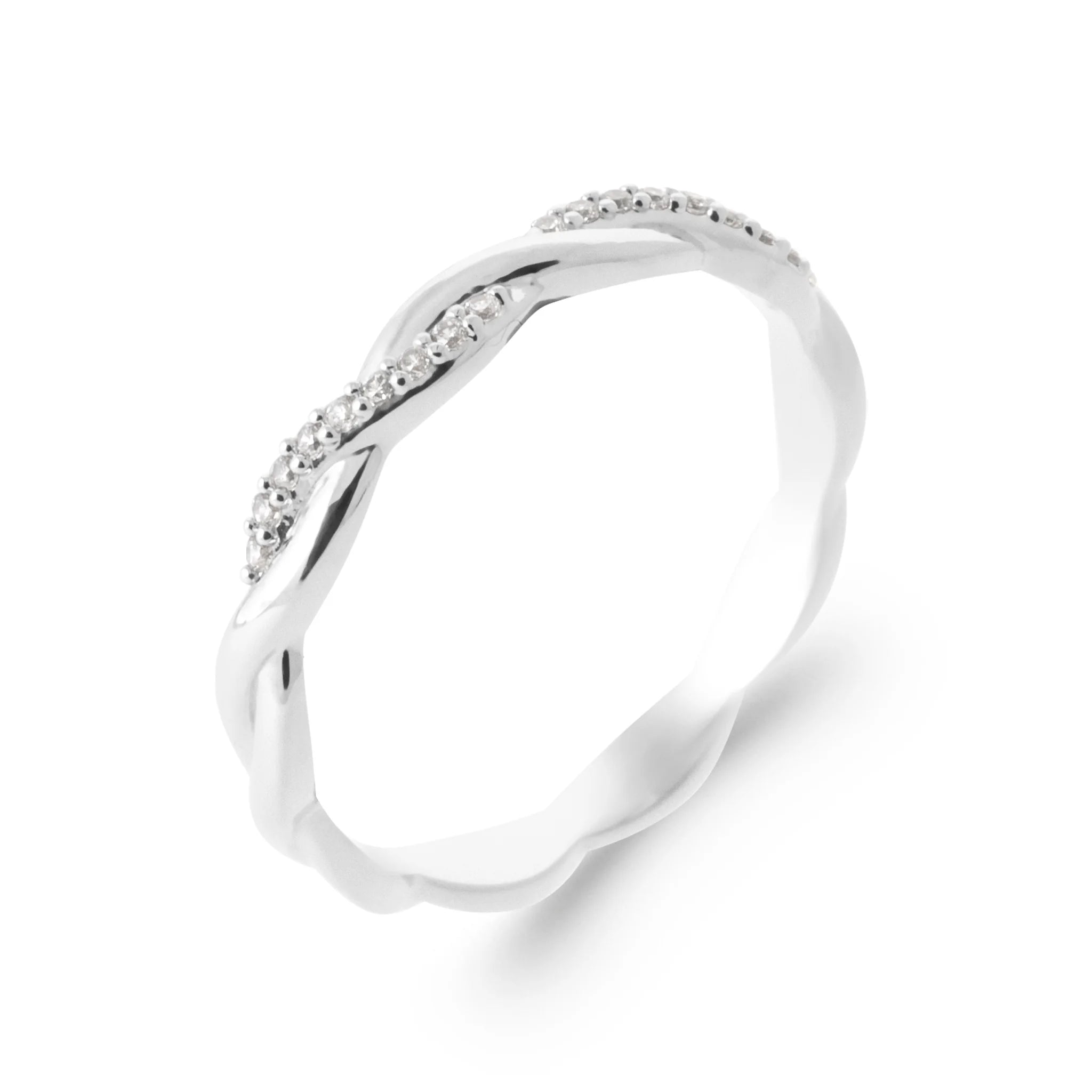 Bague alliance torsadée et brin serti de zircons en argent 925, vue de face