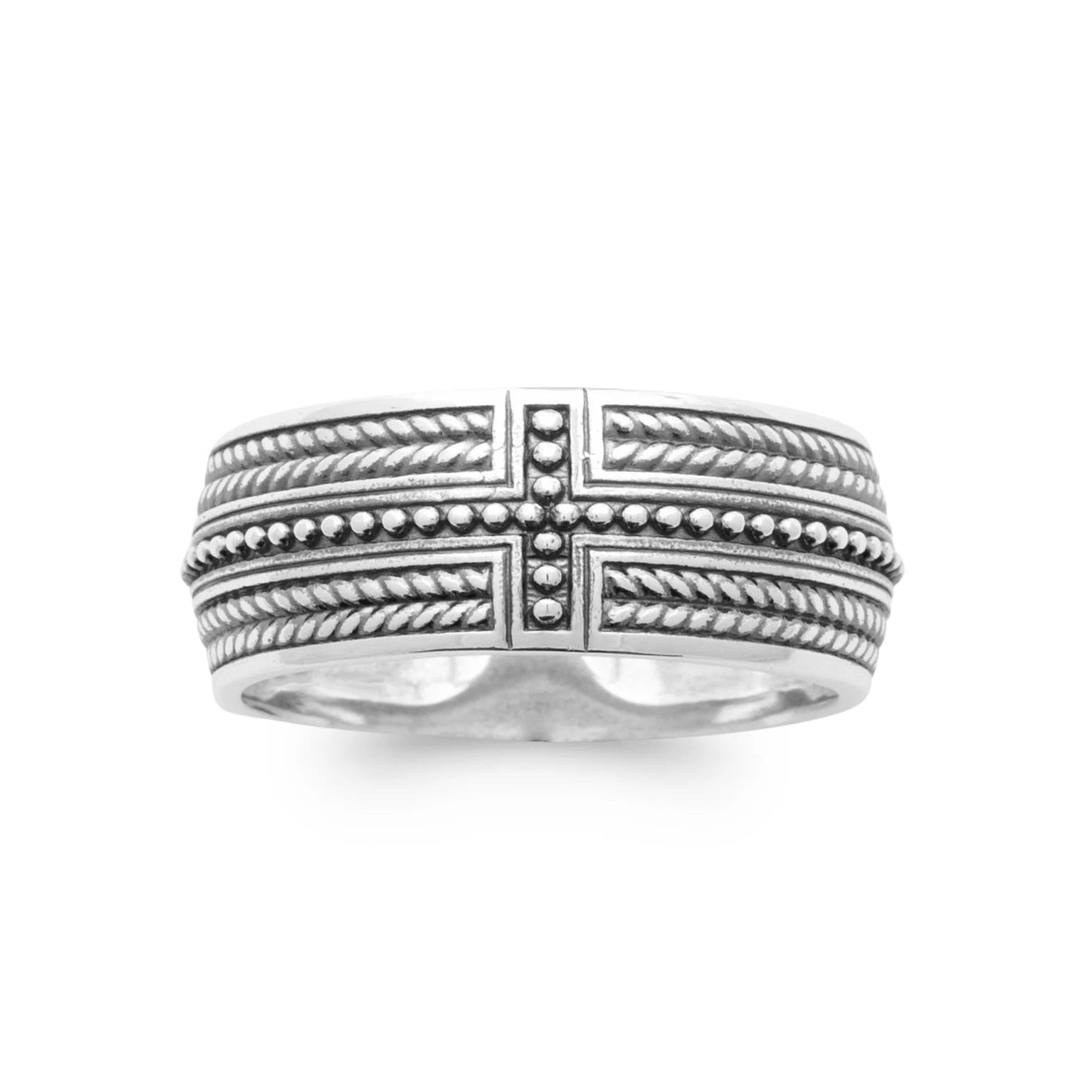 Bague anneau à bandes perlées croisées en argent 925 homme vu de profil