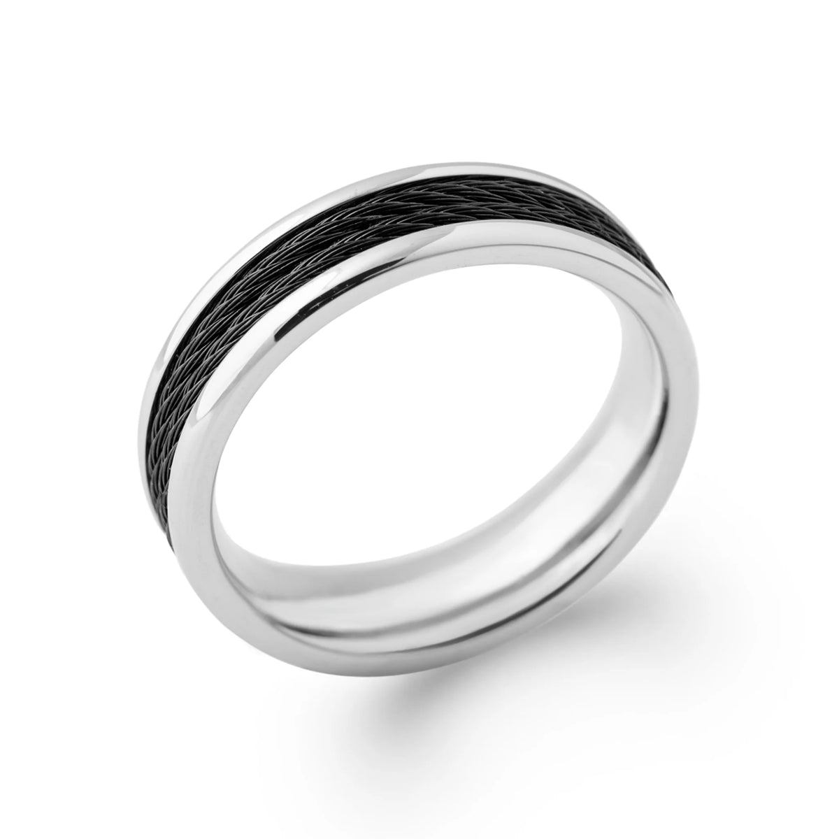 Bague anneau à câble noir torsadé en acier homme