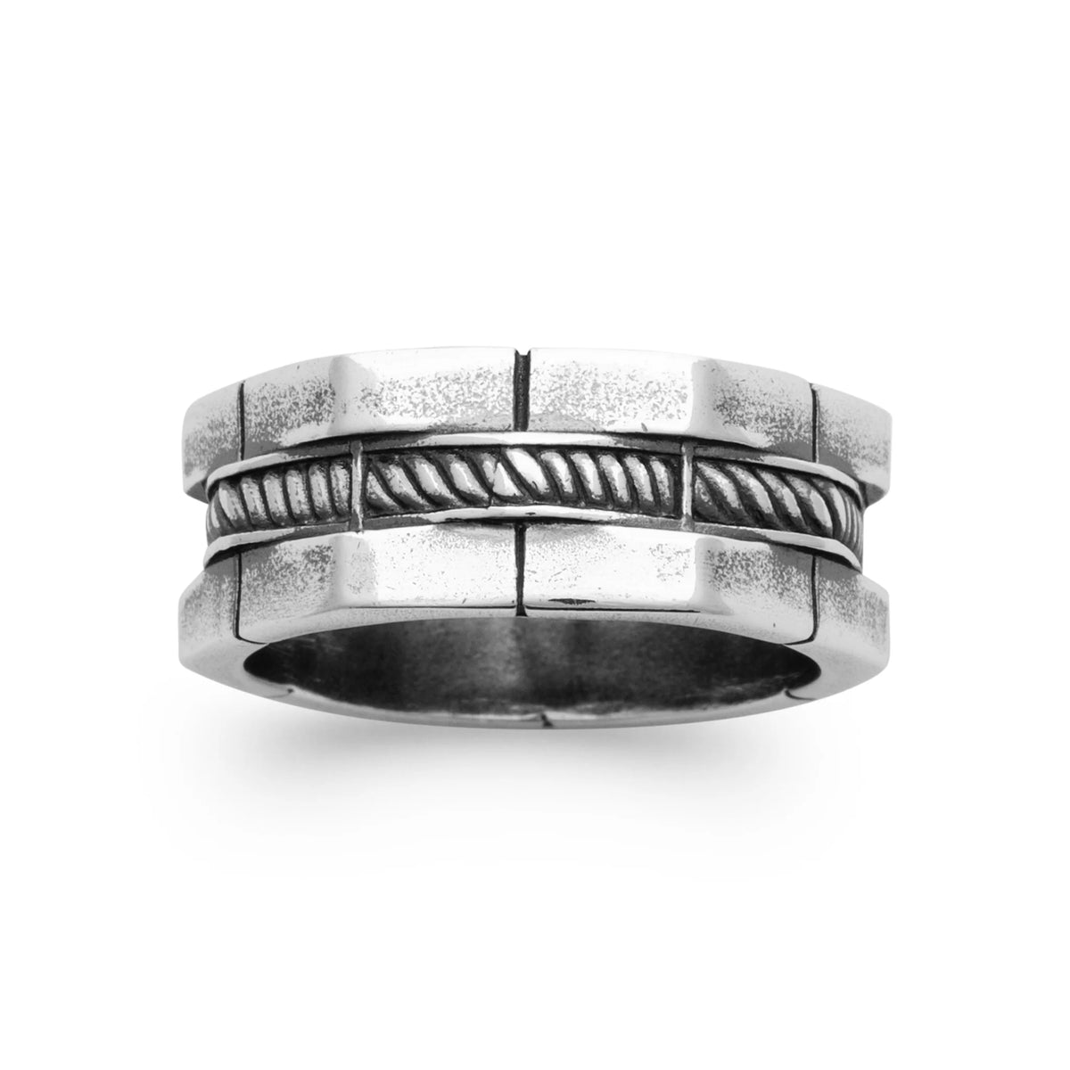 Bague anneau à plaques et câble torsadé en argent 925 homme vu de profil