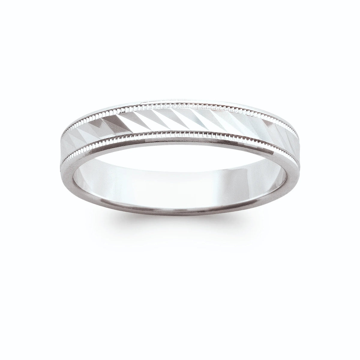 Bague anneau à rainures diamantées et bords perlés en argent 925 rhodié homme vu de profil