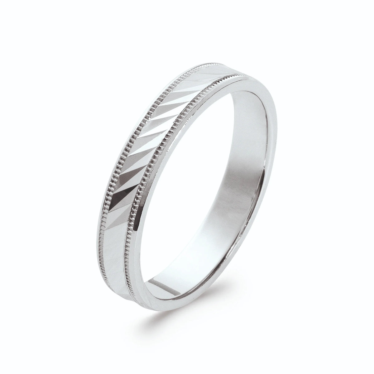 Bague anneau à rainures diamantées et bords perlés en argent 925 rhodié homme