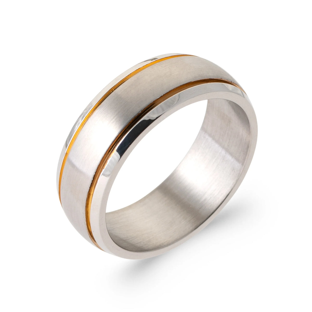Bague anneau acier brossé à liseré doré central