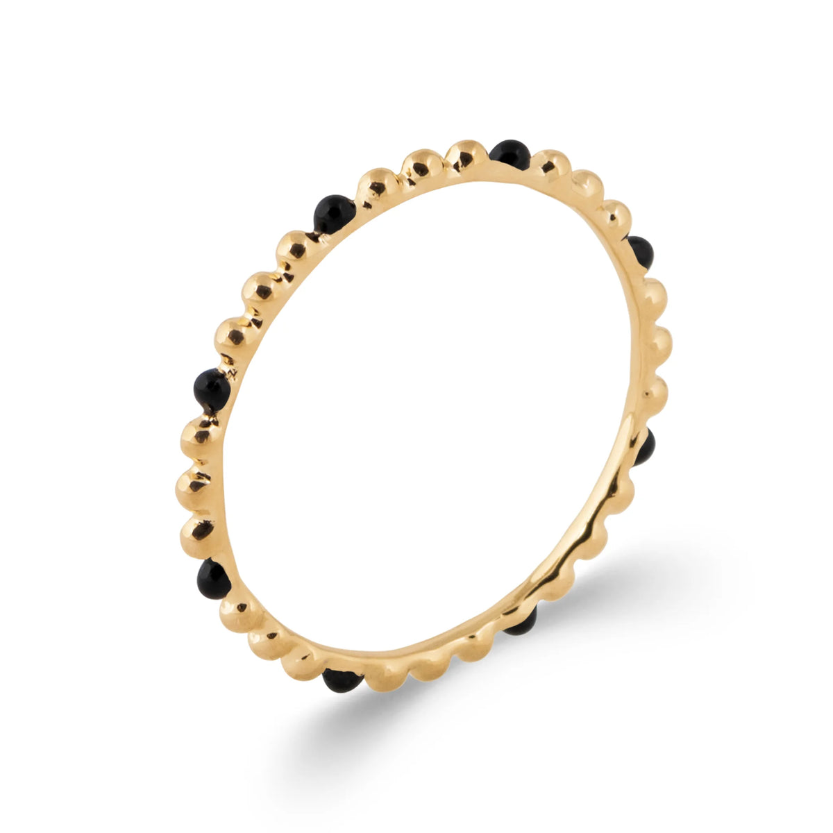 Bague anneau billes d’or et perles de laque noire en plaqué or