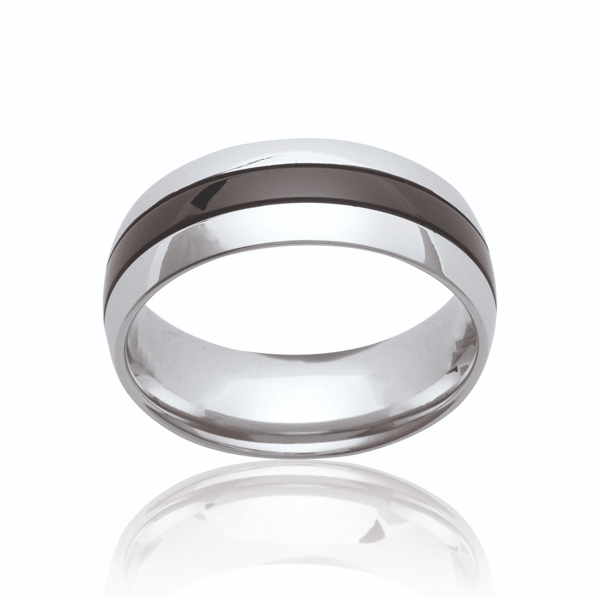 Bague anneau bombé à bande noire en acier homme vu de profil