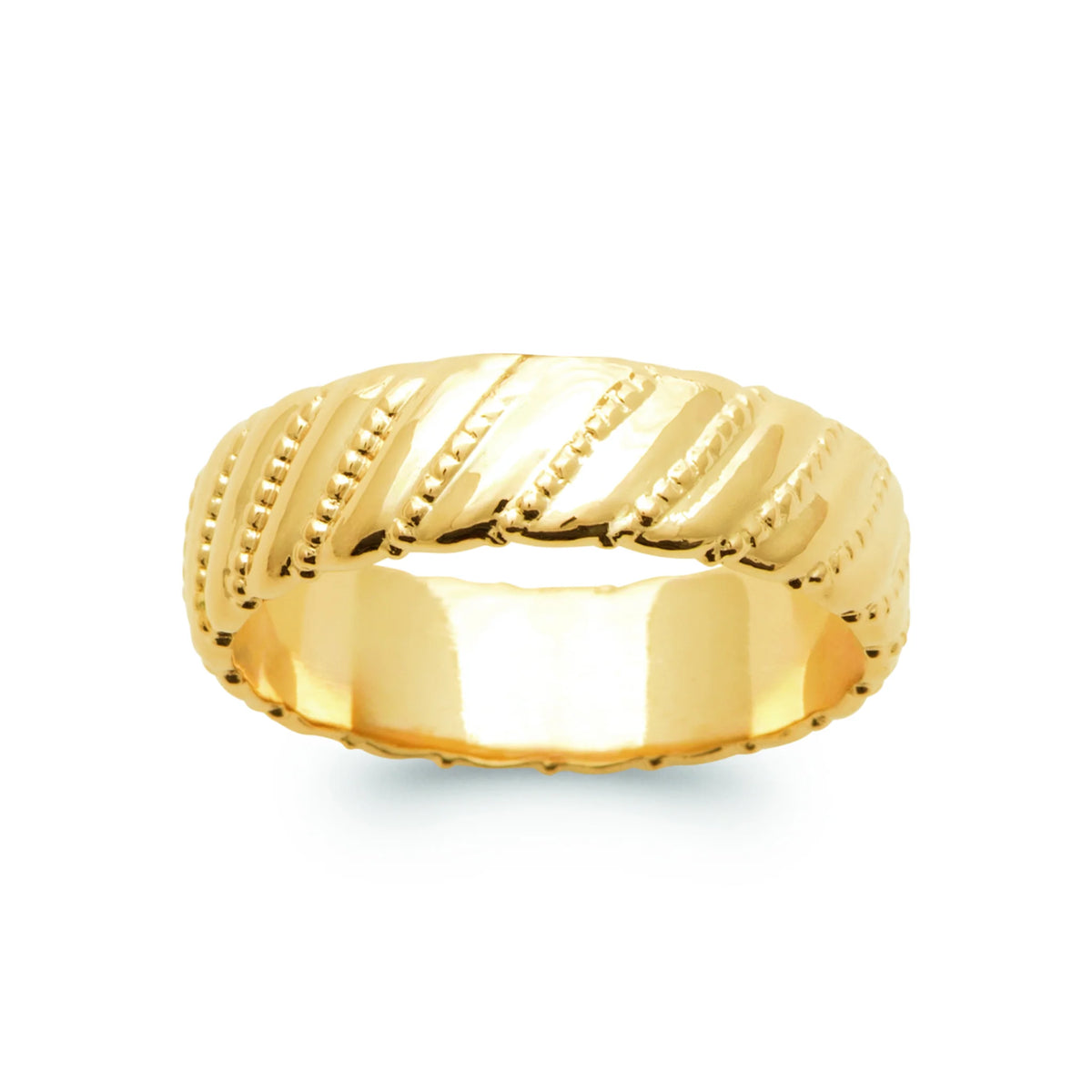 Bague anneau bombé cannelures obliques et lignes perlées plaqué or, vue de face