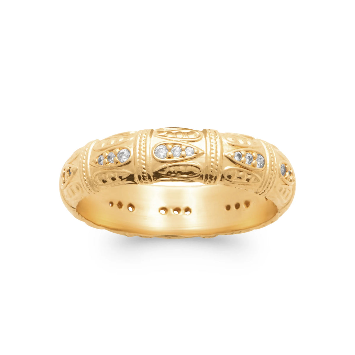 Bague anneau bombé gravé de segments ciselés et zircons en plaqué or