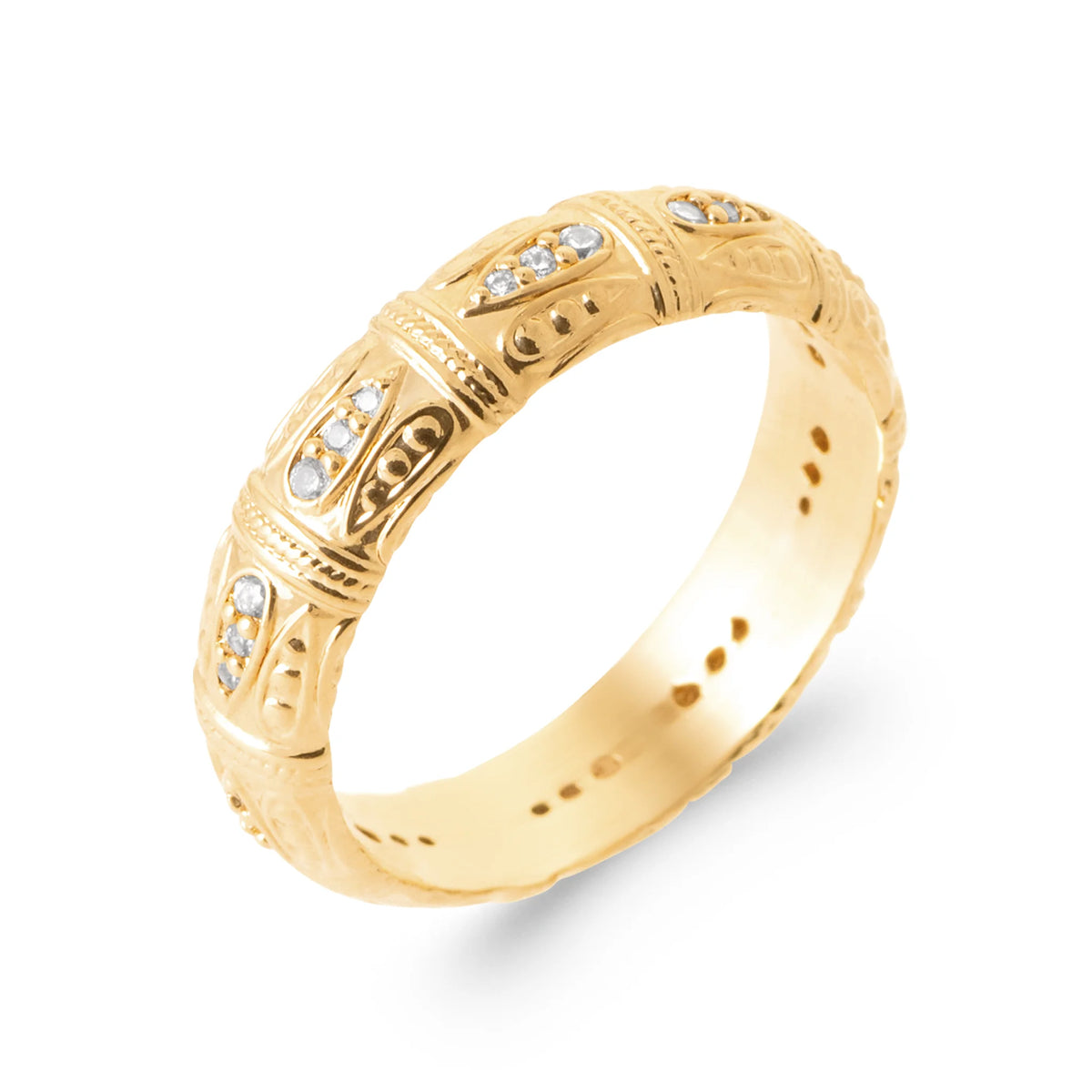 Bague anneau bombé gravé de segments ciselés et zircons en plaqué or