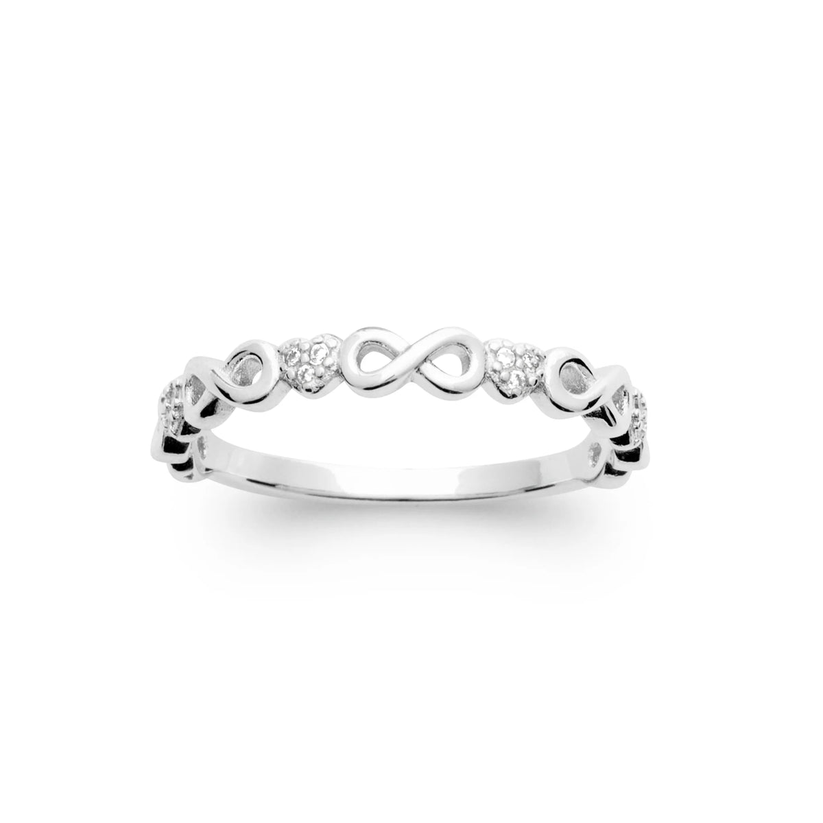 Bague anneau de boucles infinies et zircons en argent 925, vue de face