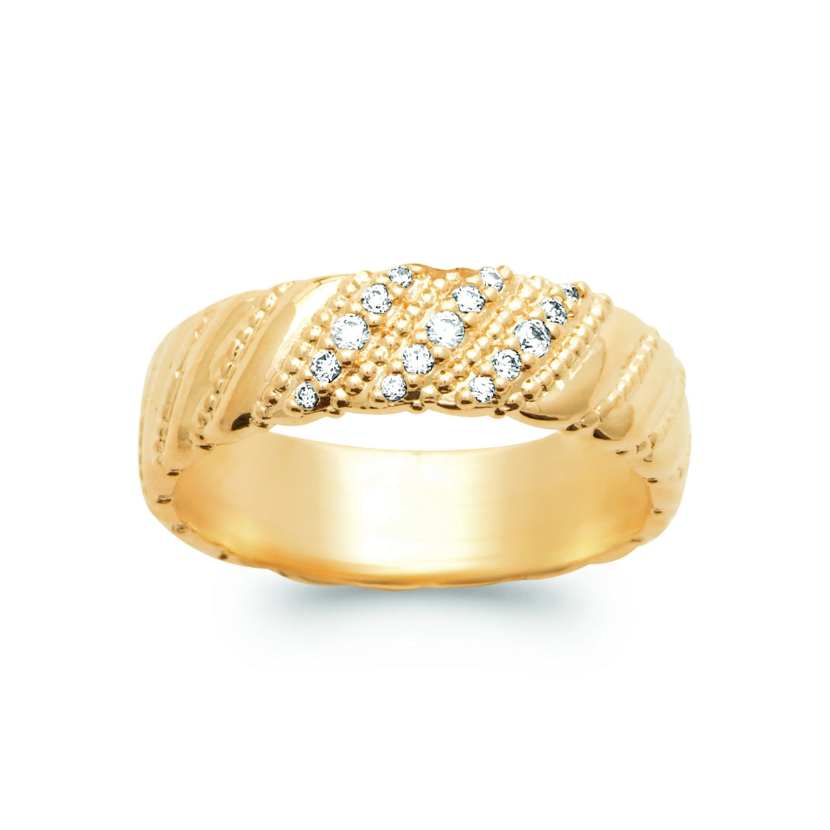Bague anneau cannelures obliques et lignes de zircons plaqué or, vue de face