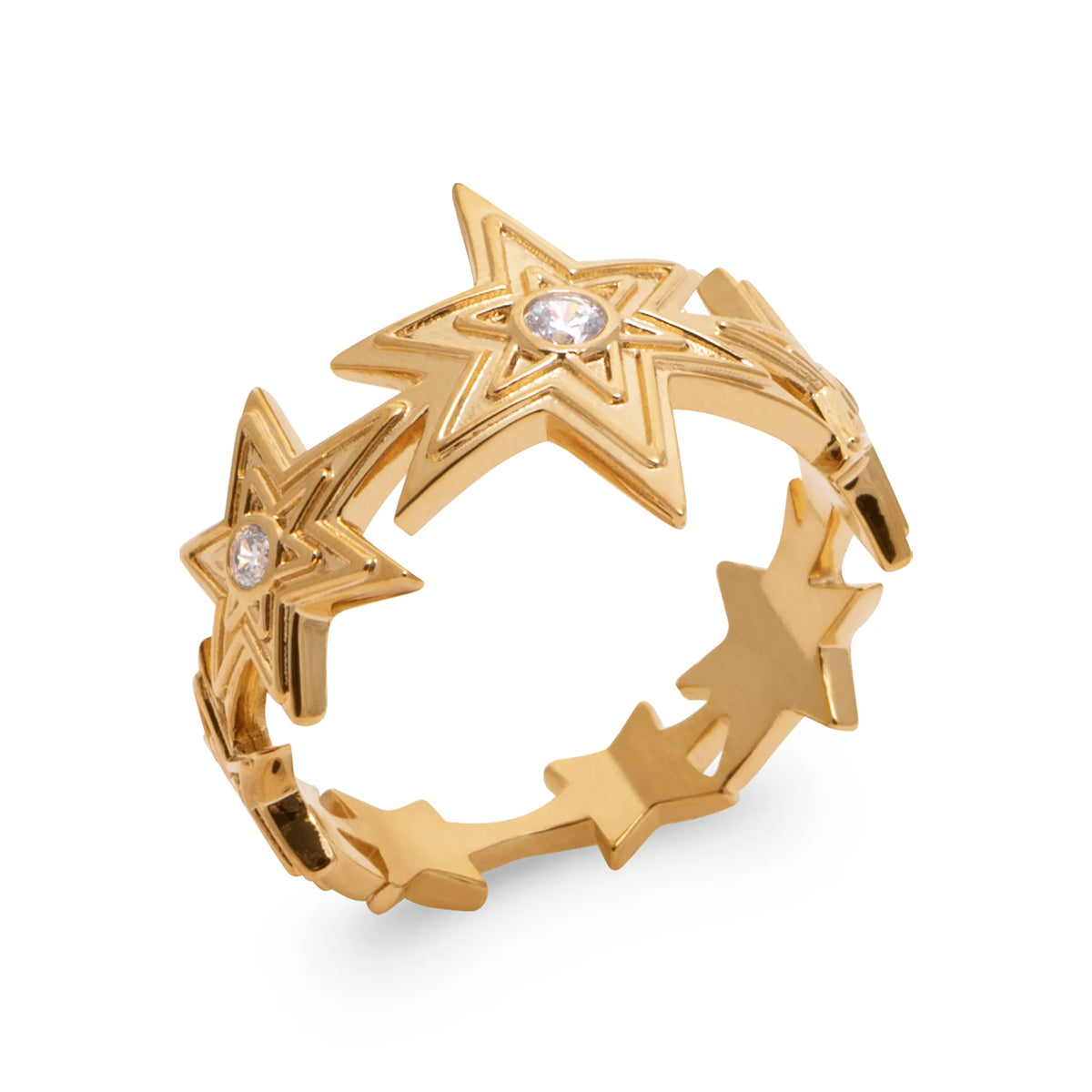 Bague anneau d’étoiles reliées serties de zircons en plaqué or