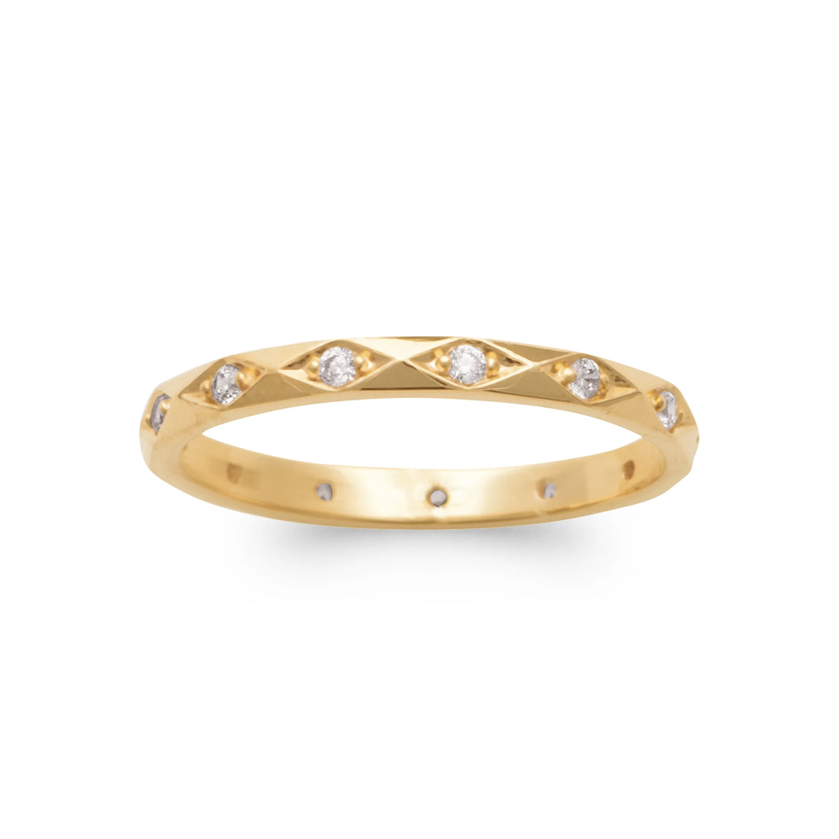 Bague anneau fin frise de losanges gravée et zircons en plaqué or