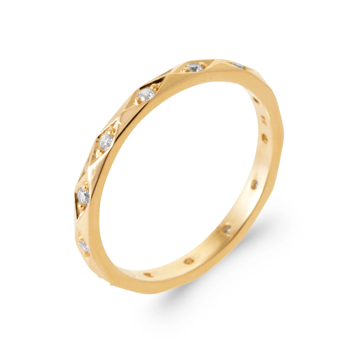 Bague anneau fin frise de losanges gravée et zircons en plaqué or
