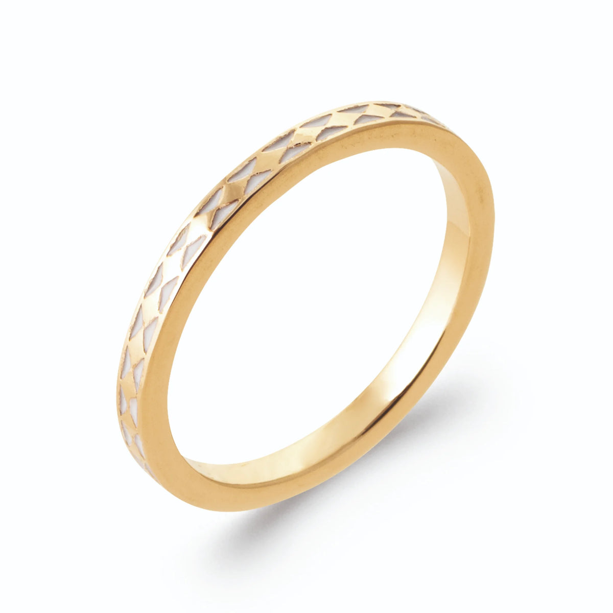 Bague anneau fin laqué blanc à chevrons dorés en plaqué or
