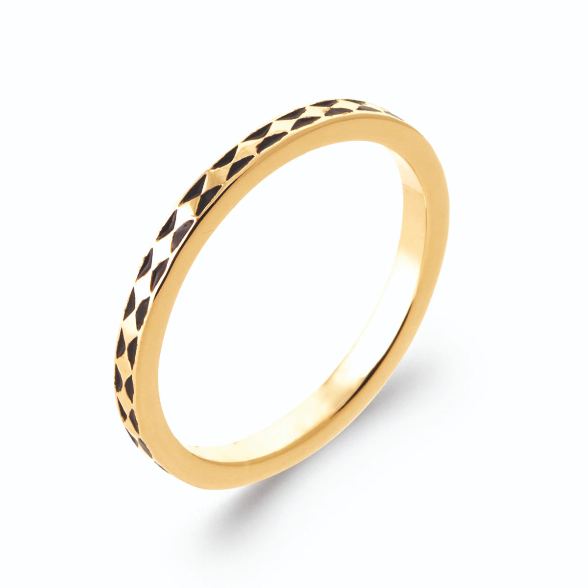 Bague anneau fin laqué à chevrons noirs et blancs en plaqué or