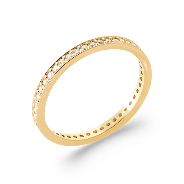 Bague anneau fin pavé de zircons tour de doigt en plaqué or, vue de trois quarts