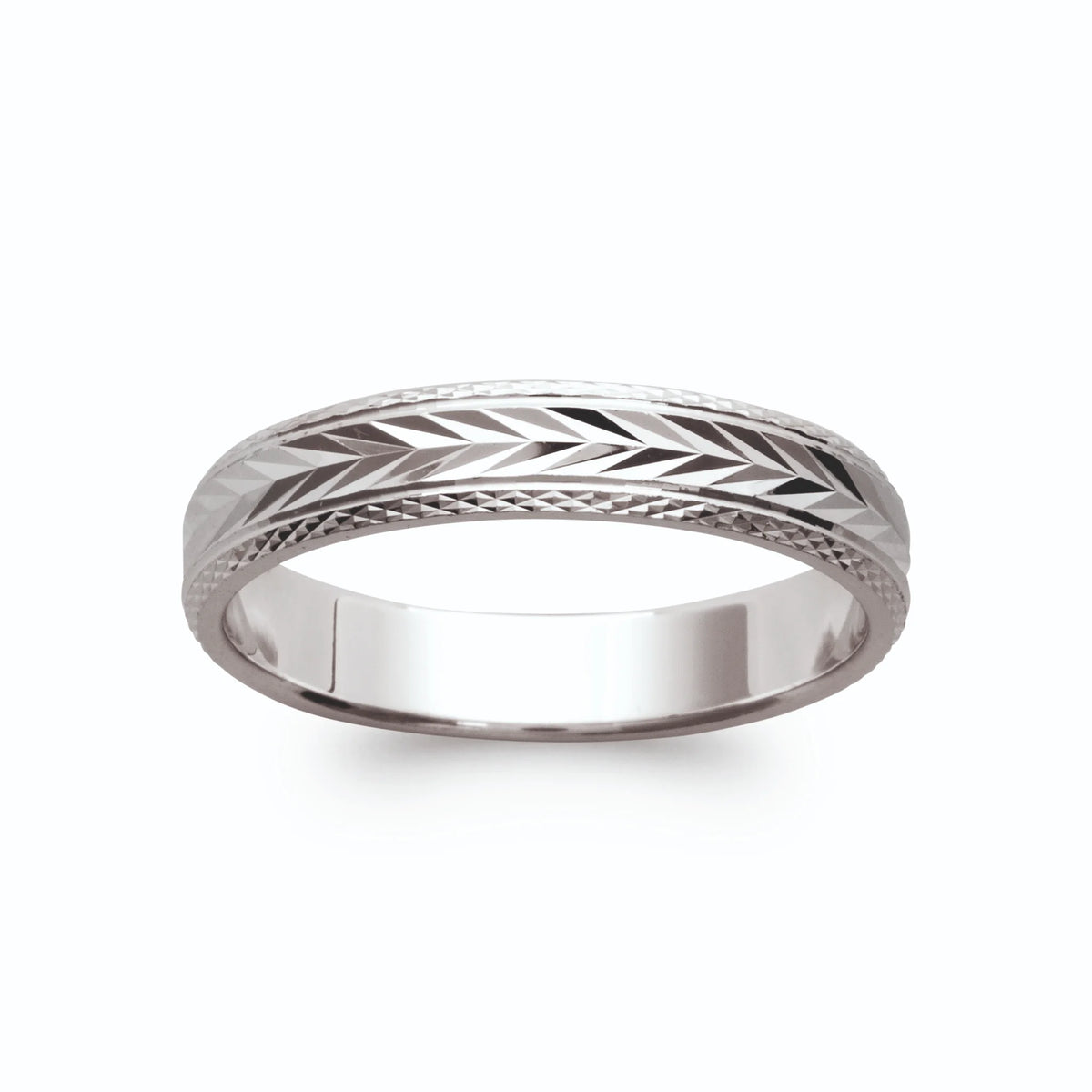 Bague anneau gravé de chevrons diamantés en argent rhodié vu de profil