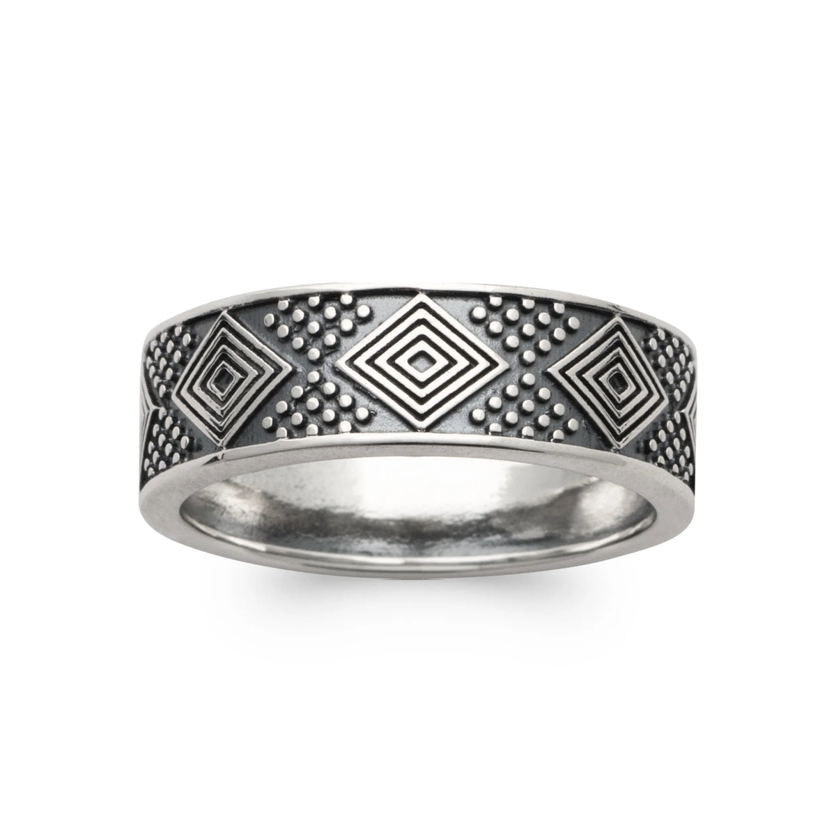 Bague anneau gravé de losanges en argent 925 vu de profil