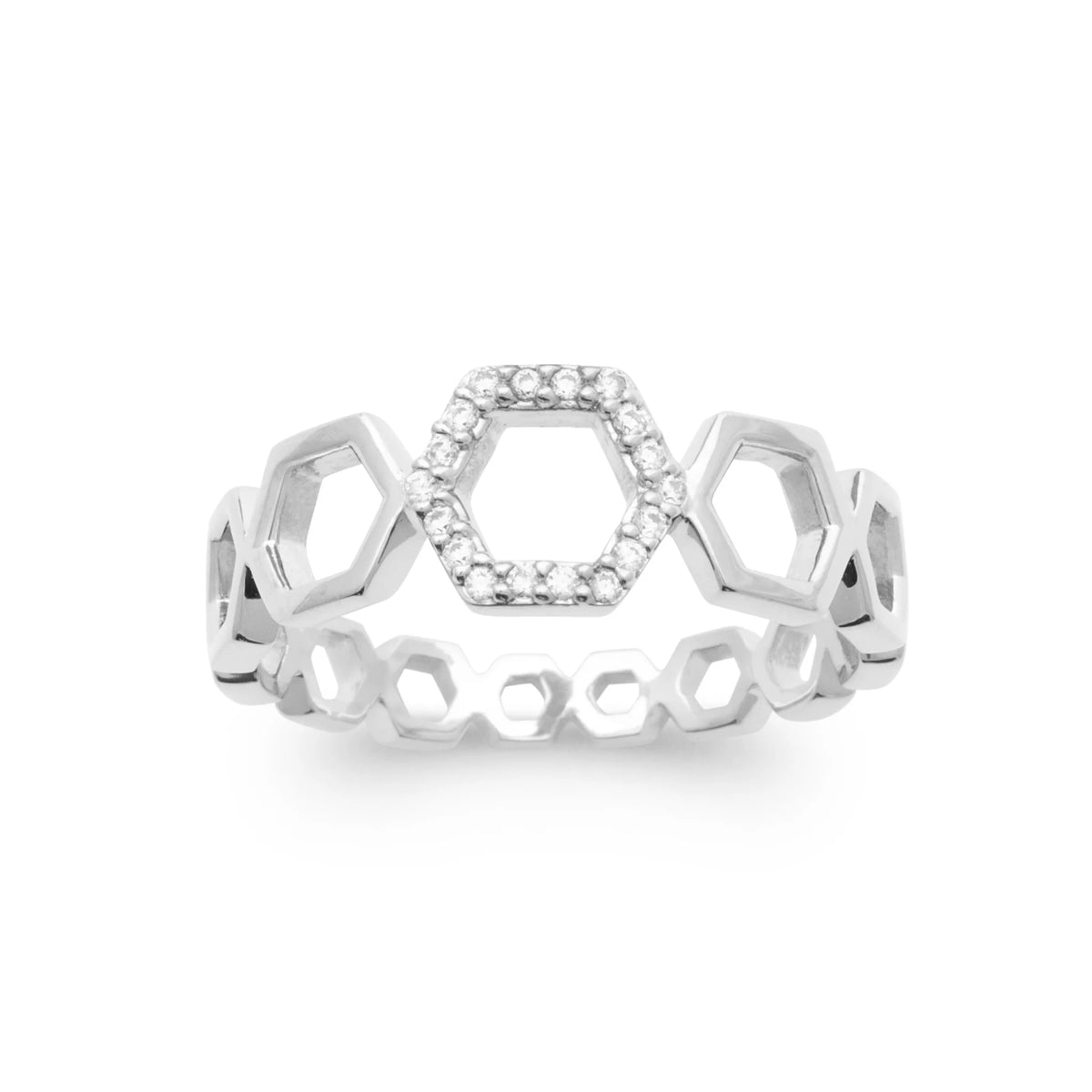 Bague anneau d’hexagones et hexagone pavé en argent 925