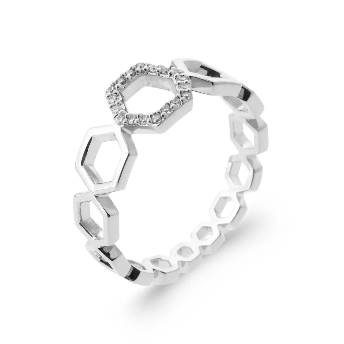 Bague anneau d’hexagones et hexagone pavé en argent 925