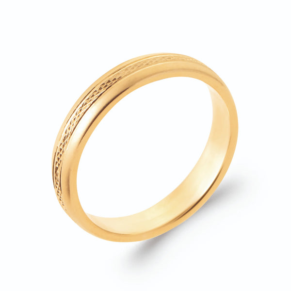Bague anneau jonc bombé à deux lignes torsadées en plaqué or, vue de trois quarts