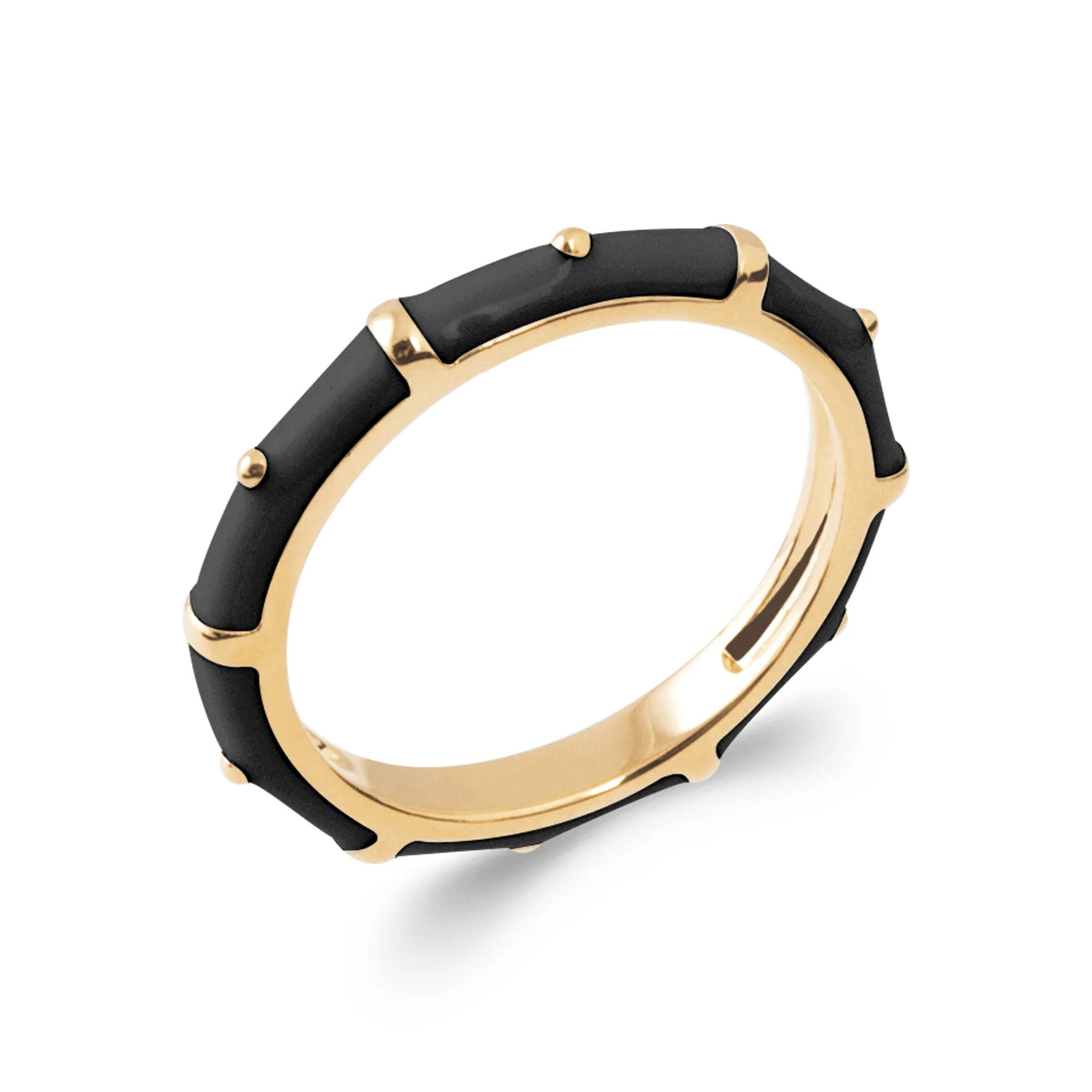 Bague anneau laqué noir segmenté façon bambou en plaqué or