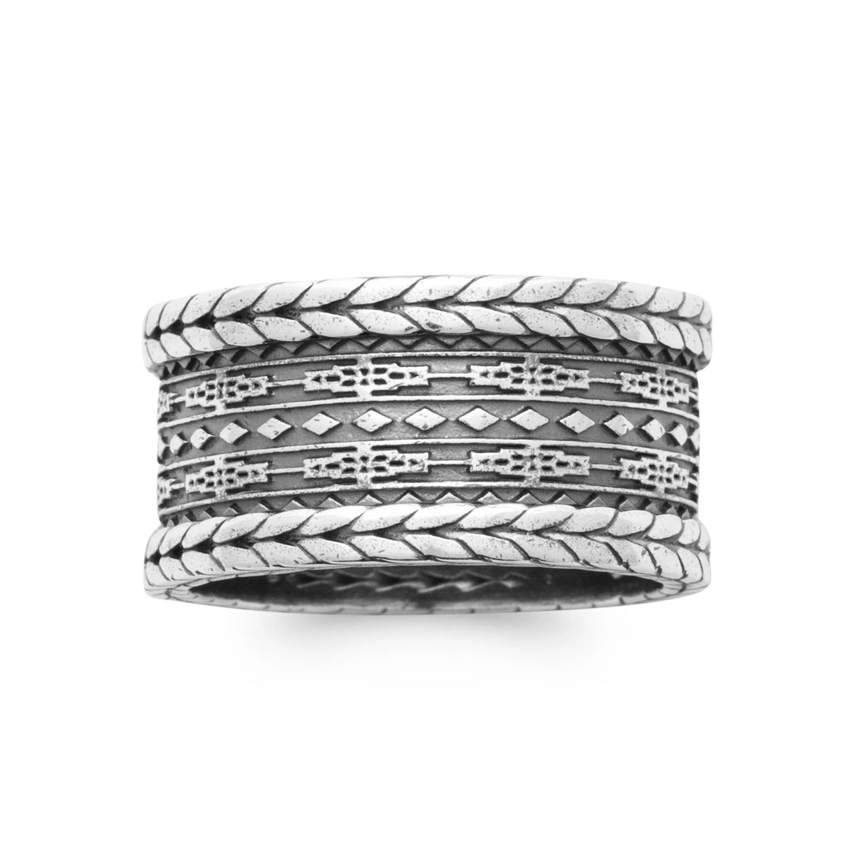 Bague anneau large à bords tressés en argent 925 homme vu de profil