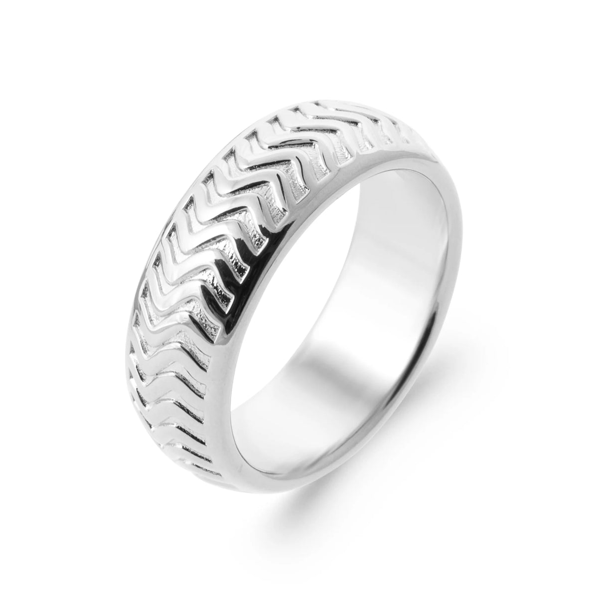 Bague anneau large gravé de chevrons en argent 925 rhodié