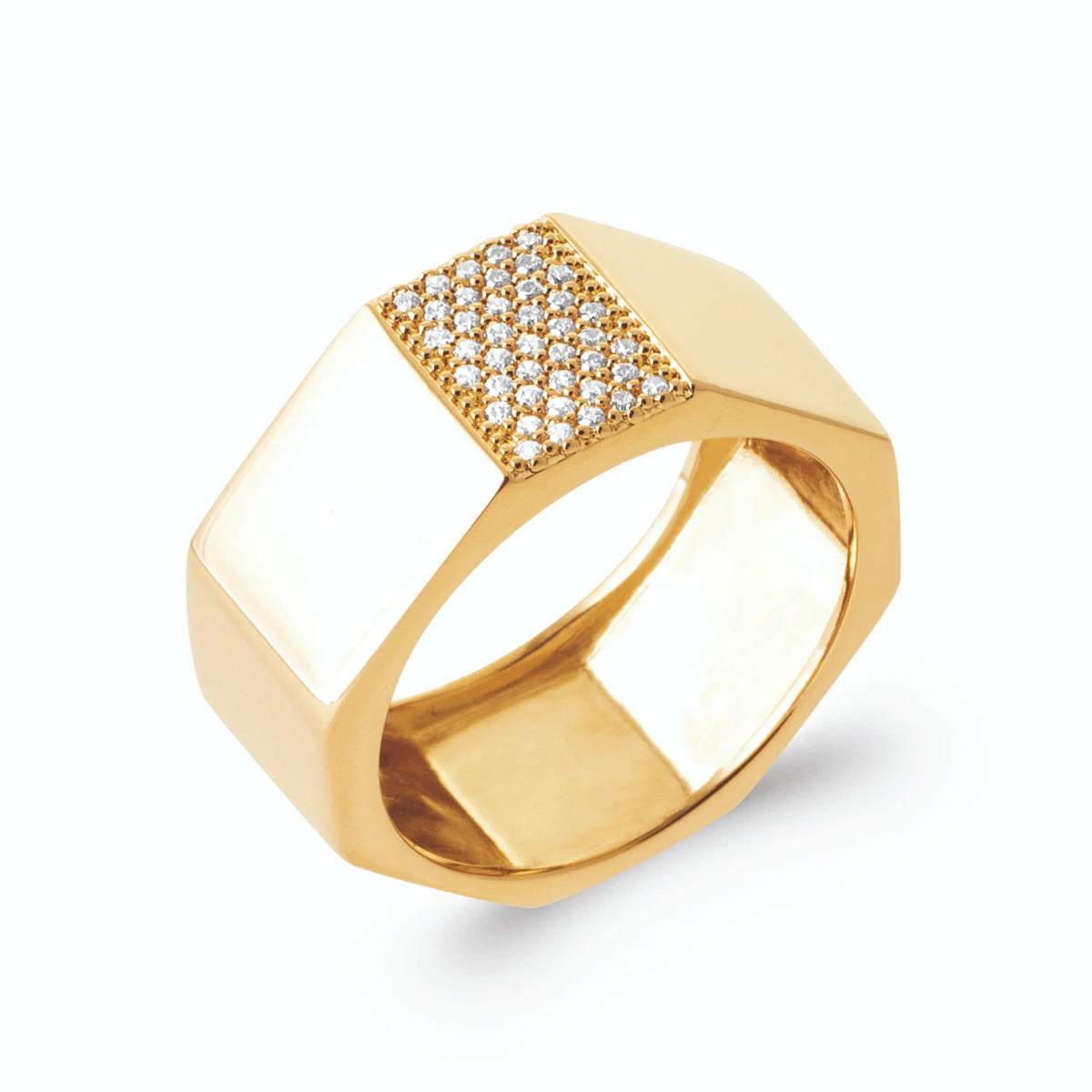 Bague anneau large octogonal et plateau carré pavé de zircons en plaqué or