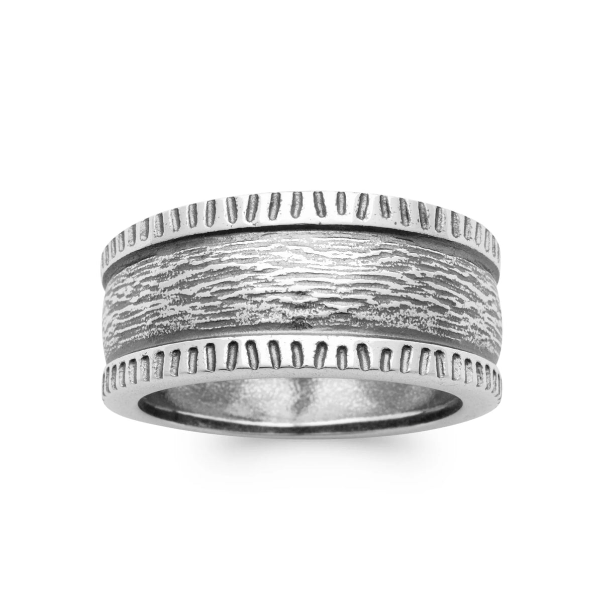 Bague anneau large strié à bords crantés en argent 925 vu de profil