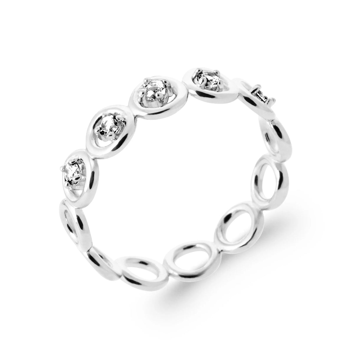Bague anneau maillons ovales ajourés et zircons en argent 925