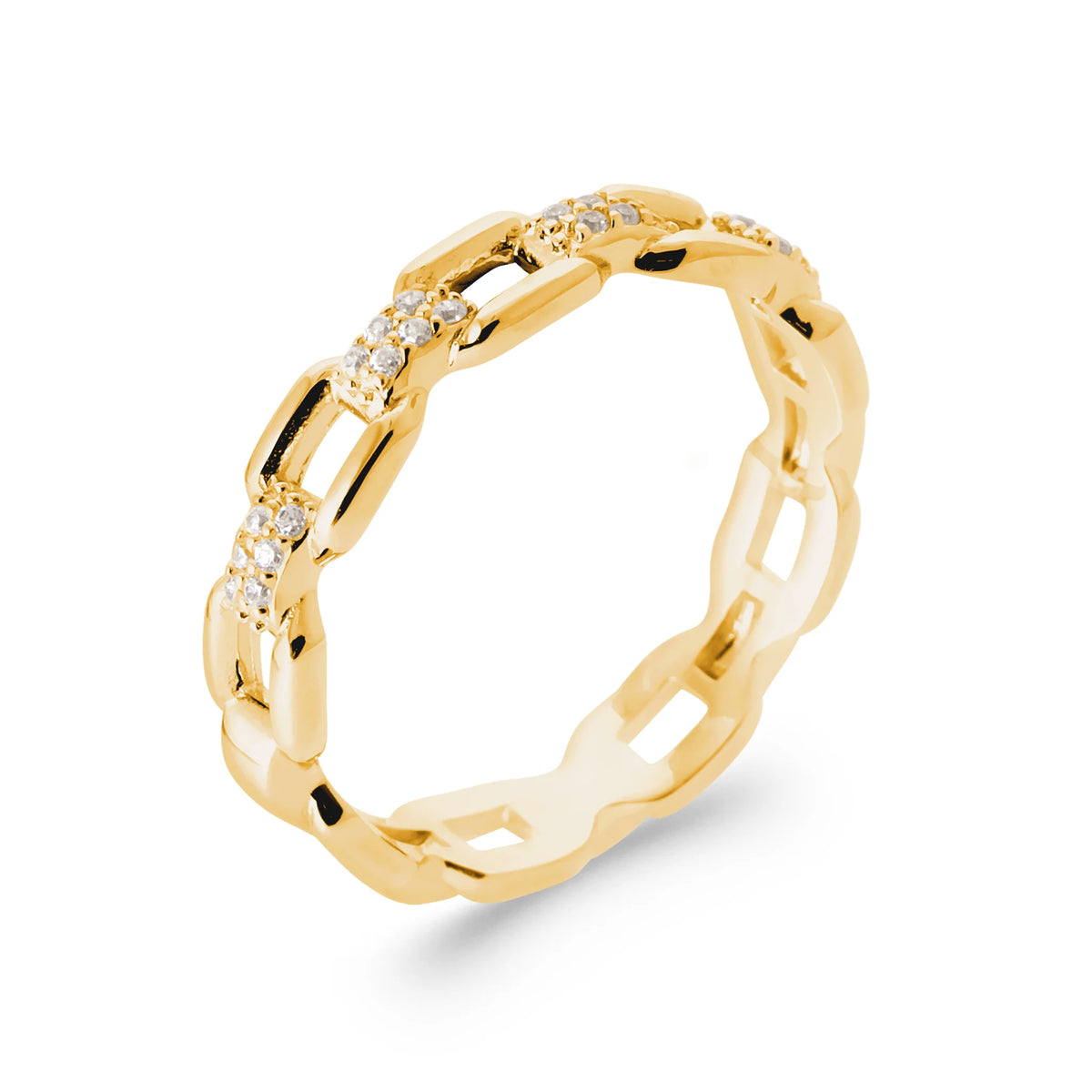 Bague anneau de maillons rectangulaires en partie pavés de zircons en plaqué or